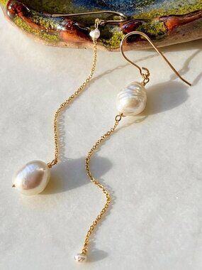 Gold Filled Asymmetrical Baroque Pearl Long Drop Earrings